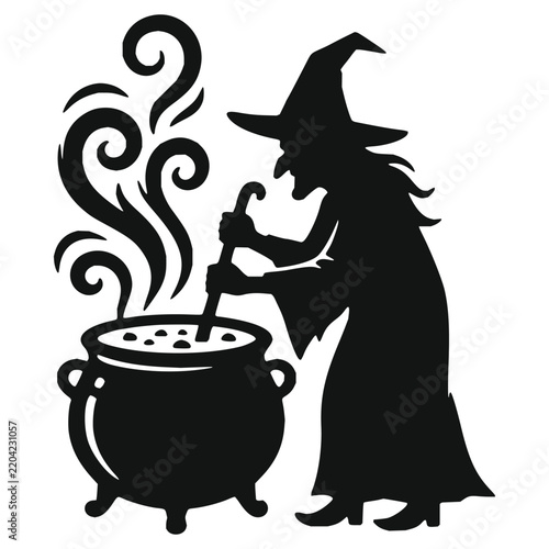Witch brewing potion in cauldron silhouette vector illustration
