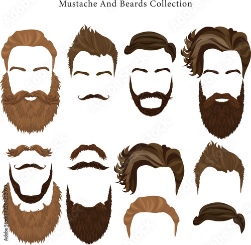 Fotografie Mustache and Beards Collection Vector Set with Male Hairstyles, Facial Hair, and