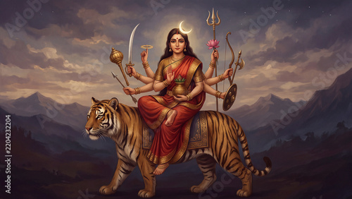 Maa Chandraghanta portrayed as a graceful divine warrior seated upon a magnificent golden-brown tiger, 