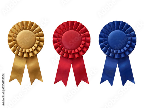 Award ribbons for first, second, and third place winners in gold, red, and blue, symbolizing achievement and recognition.
