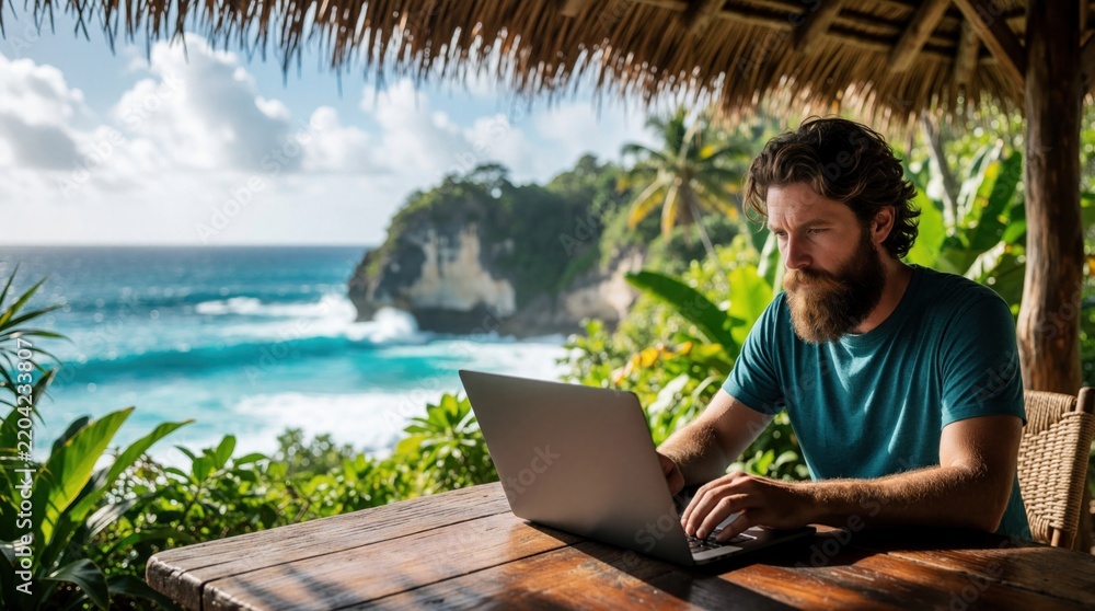 Obraz premium Bearded man works on laptop outdoors under thatched roof. Sits at wooden table with tropical ocean view, rich green plants. Freelance digital nomad enjoys remote work lifestyle near blue sea waves on