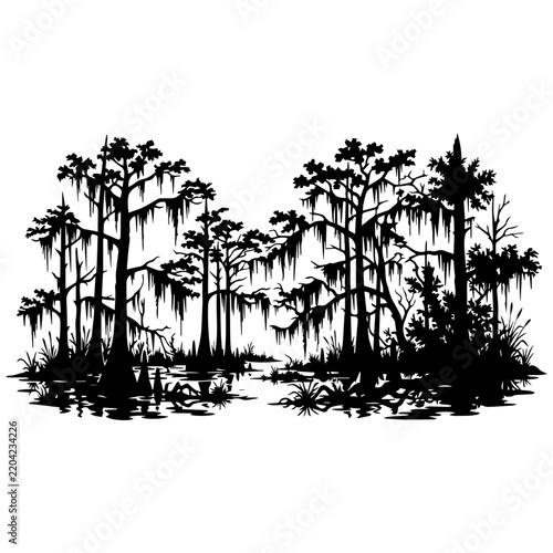 Black and white palm tree forest silhouette illustration for tropical travel and nature branding