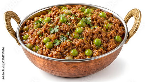 Keema matar in a traditional bowl, minced meat curry with green peas and aromatic Indian spices, isolated on white background