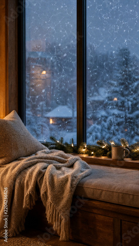 Cozy Window Seat With Warm Christmas Lights and Snow Falling Outside on a Quiet Winter Evening