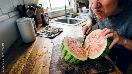 Woman with disgusted expression cutting rotten watermelon on wooden cutting board in kitchen