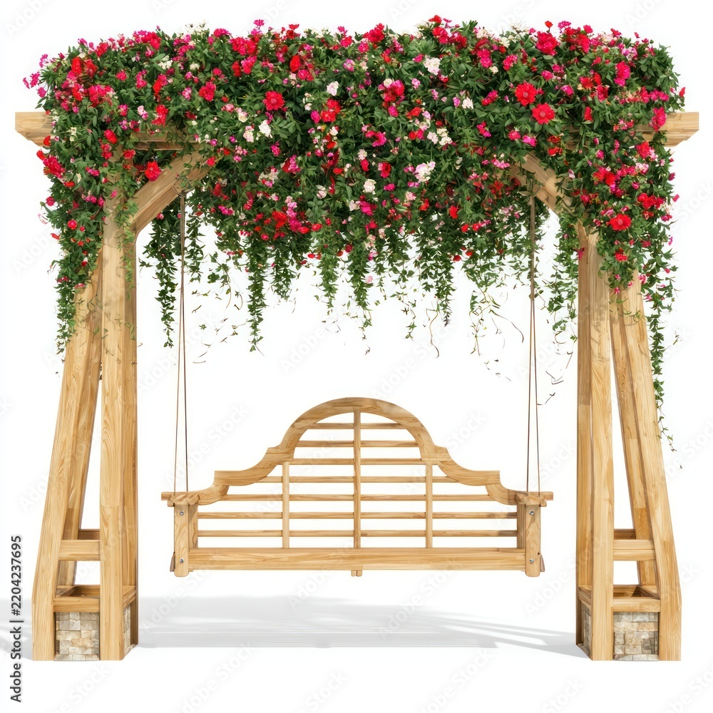 Obraz premium Wooden swing with floral canopy and vibrant flowers.