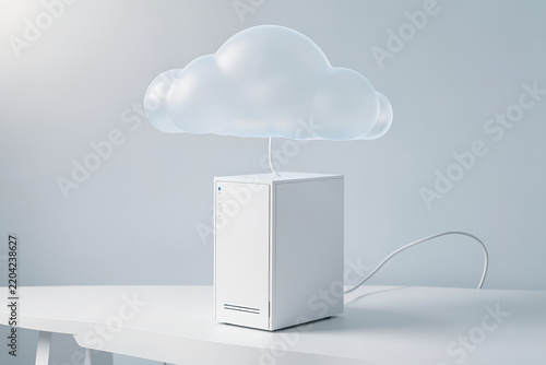 A single compact server tower beneath a translucent cloud canopy on a clean desk