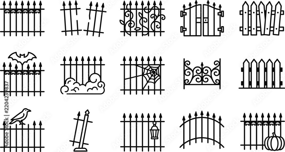 Obraz premium Black and white vector graphic illustration depicting various metal fences on transparent background