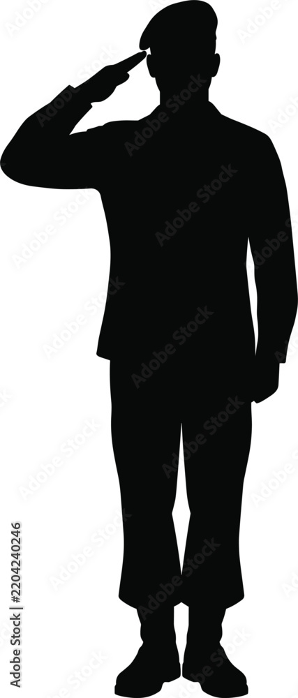 Fototapeta premium Military soldier silhouette saluting, brave officer in uniform standing, army man respect pose, patriotic veteran illustration