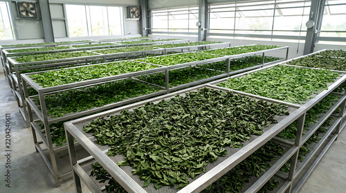 Indoor agricultural facility with metal racks for drying green leaves and herbs
