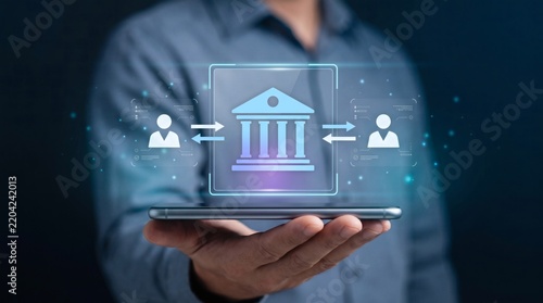 Digital banking network on tablet with bank and user icons for secure financial transactions.
