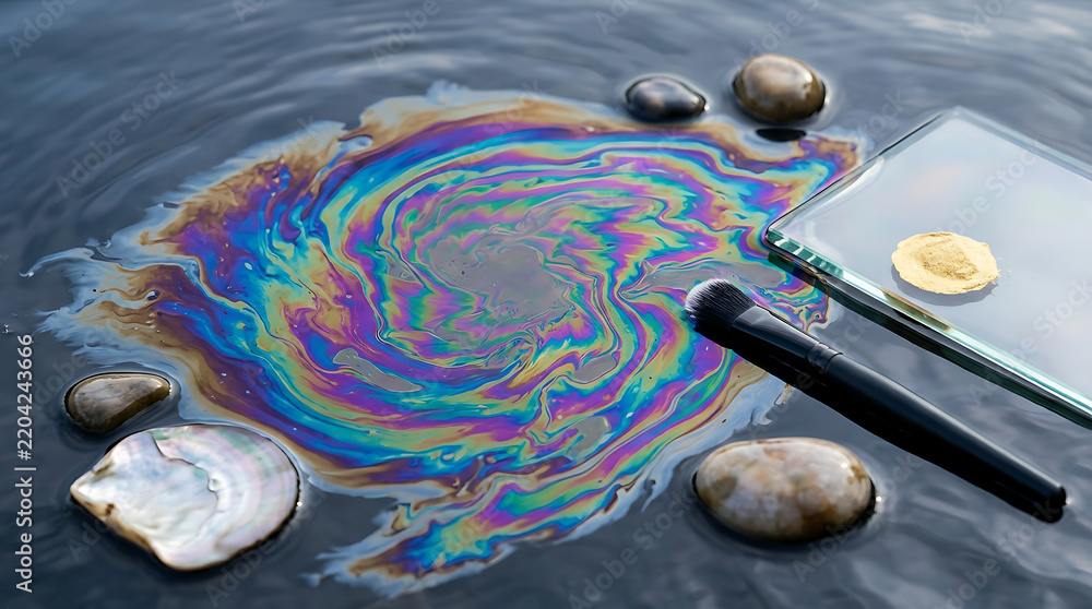 Obraz premium Abstract oil spill pattern with rainbow iridescence on dark water surface