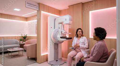 Female Doctor Consulting with Patient in a Modern Mammography Room for Breast Cancer Screening