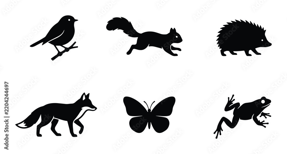 Obraz premium Forest Wildlife Silhouette Icons: Bird, Squirrel, Hedgehog, Fox, Butterfly, Frog Vector Set