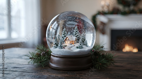 Glass snow globe with winter cabin scene rests on a wooden surface
