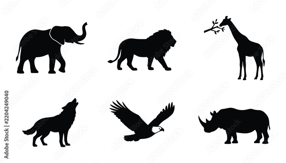 Obraz premium African Wildlife Silhouette Icons: Elephant, Lion, Giraffe, Wolf, Eagle, Rhino Vector Set