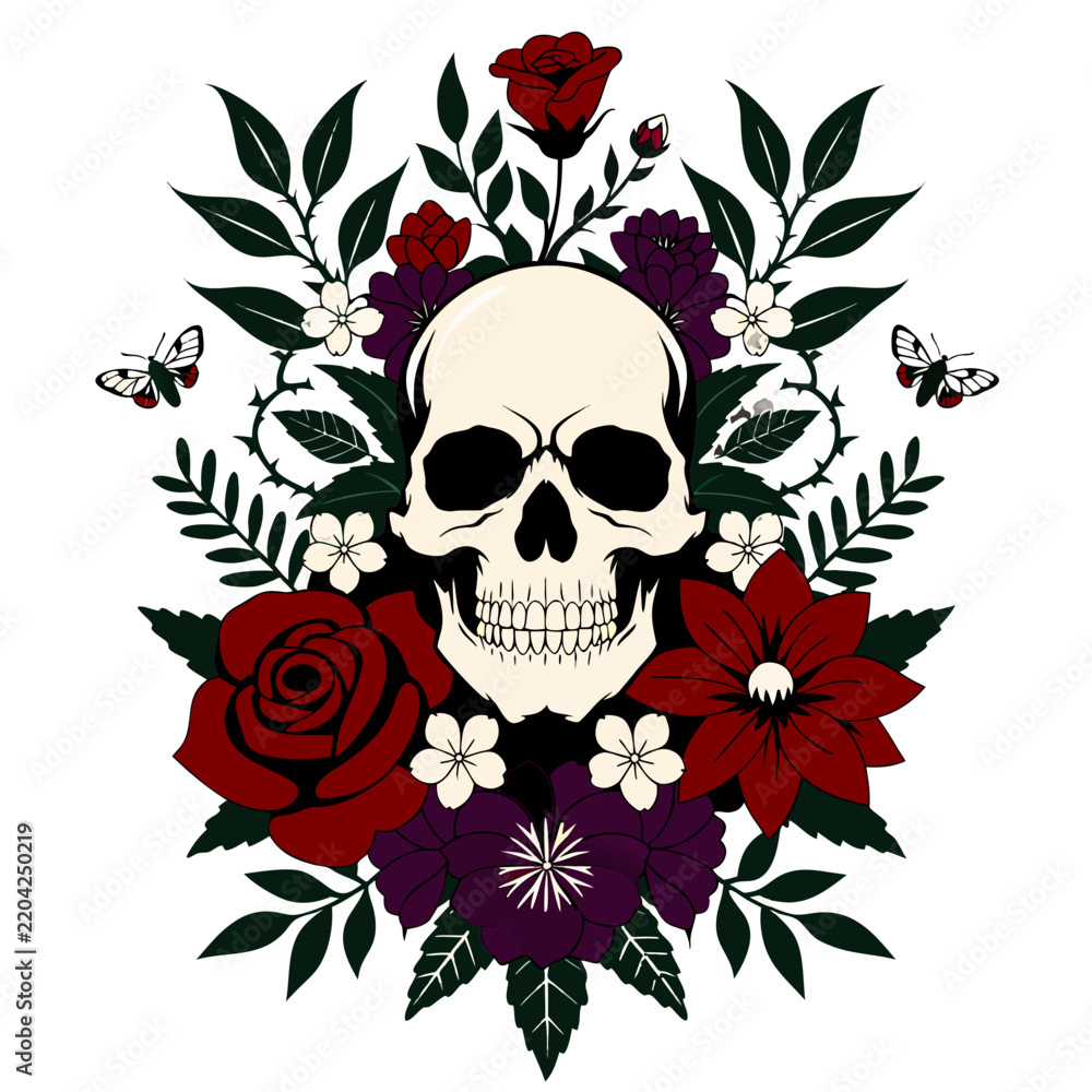 Fototapeta premium Floral Skull Illustration with Burgundy Roses and Dark Chrysanthemums
