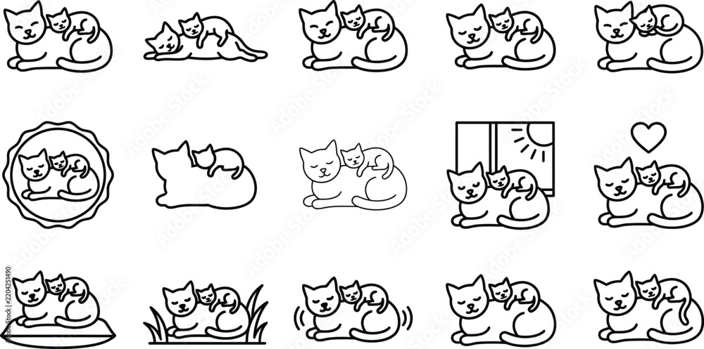Fototapeta premium Cute cat and kitten line art icons set displayed on transparent background