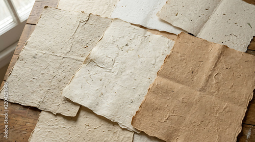 Collection of handmade textured recycled paper sheets laid out on a rustic