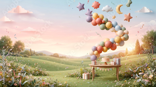 A birthday celebration scene features colorful balloons a cake and gifts in a lush garden