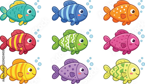Colorful cartoon fish illustrations arranged in a grid on a white background