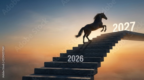 Horse silhouette climbing stairs from 2026 to 2027