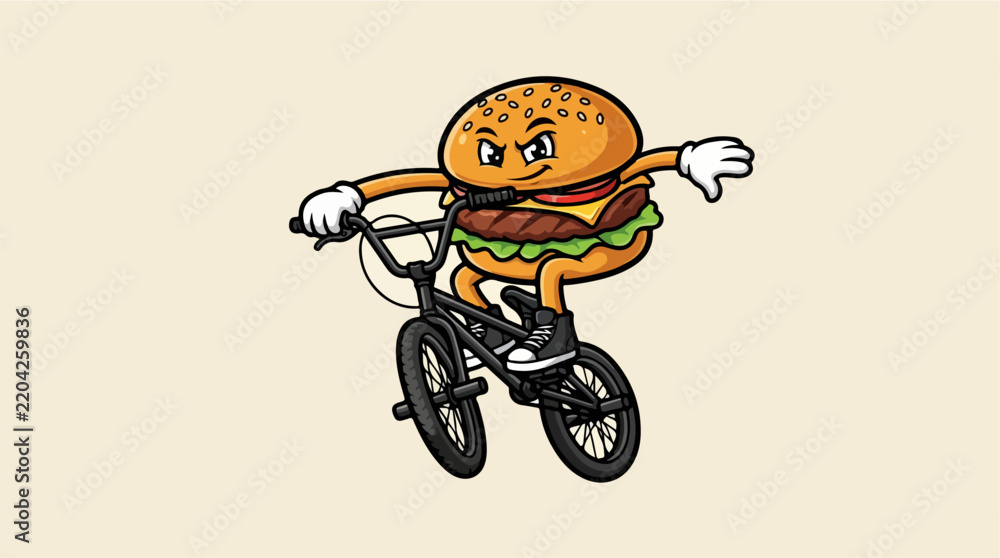 Fototapeta premium Cartoon burger character riding a black BMX bicycle.