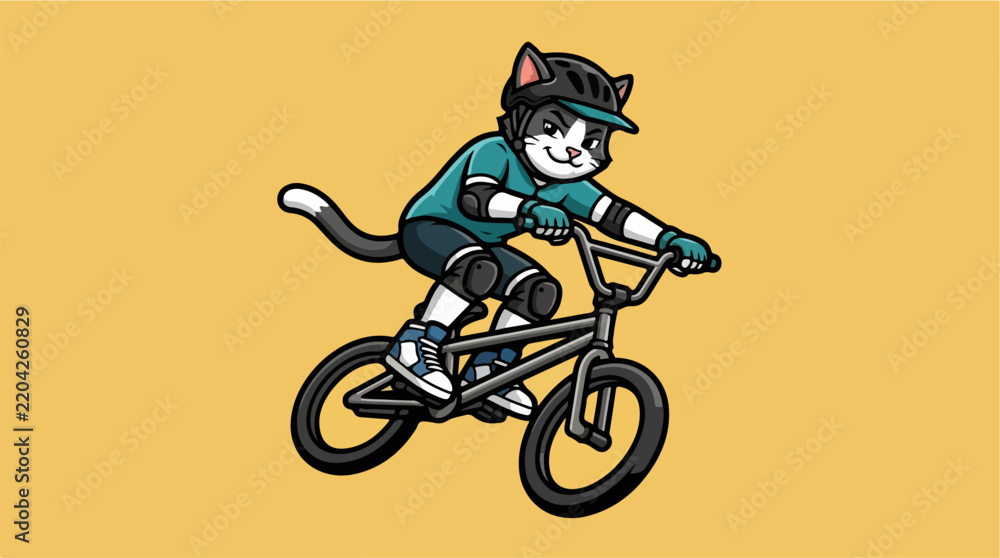 Fototapeta premium Cartoon cat mascot riding a bmx bicycle performing jump