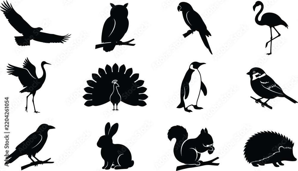 Obraz premium Bird and small mammal silhouettes include eagle owl and squirrel for nature illustrations