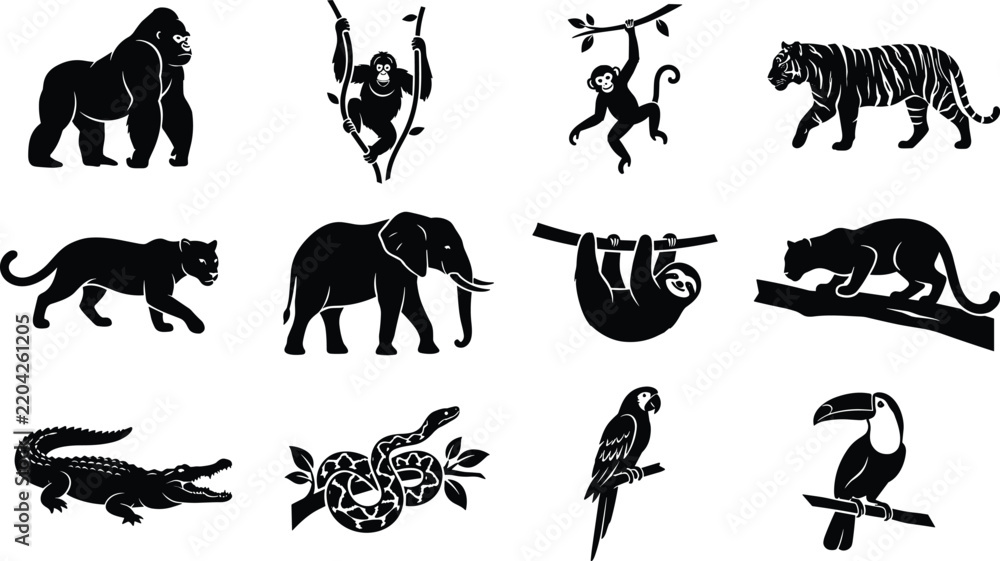 Fototapeta premium Tropical jungle animal silhouettes collection black wild creatures set for nature design