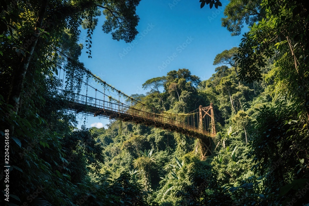 Fototapeta premium Old rusted metal suspension bridge crosses deep tropical jungle valley. Abandoned iron structure connects dense green rainforest canopy under blue sky. Remote scenic landscape shows decay of