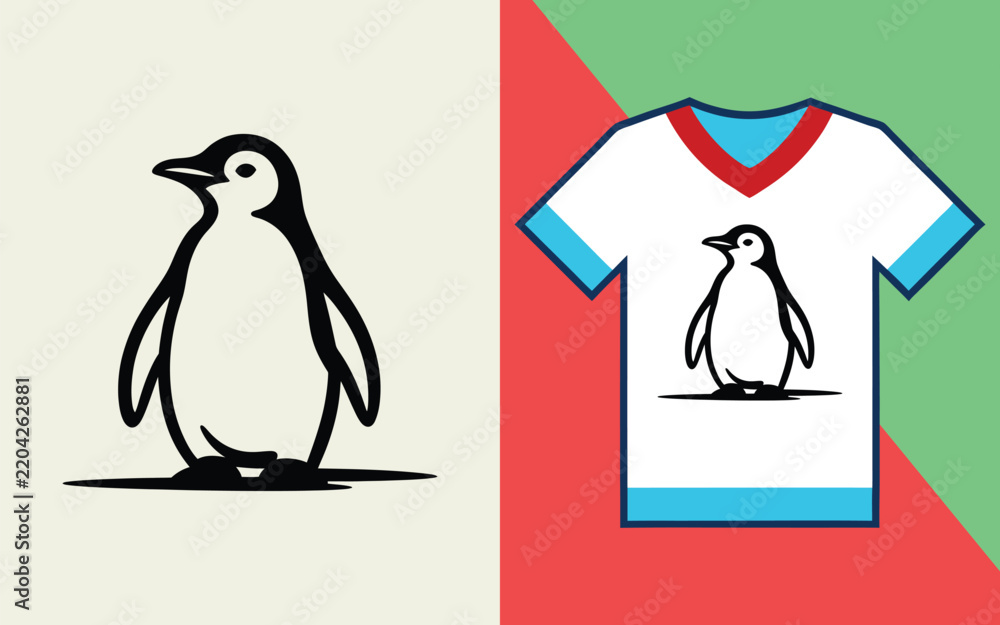 Obraz premium Simple black outline of a standing penguin on a white t-shirt with red and green background
