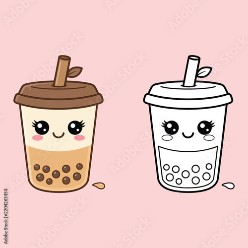 Bubble tea illustration with cartoon faces and tapioca pearls on a pink background