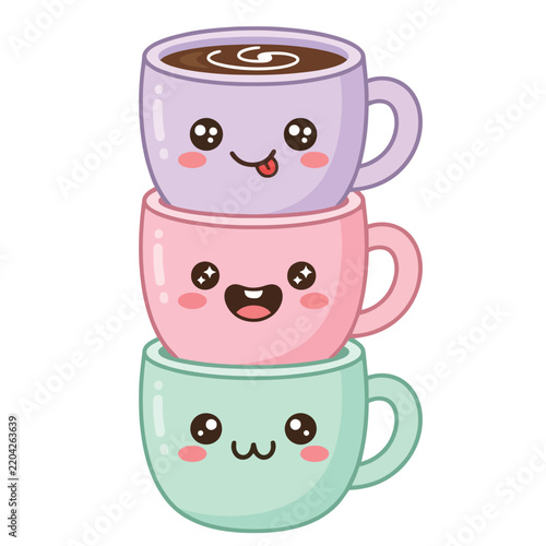 Stacked anthropomorphic coffee mugs display cheerful expressions on a white background