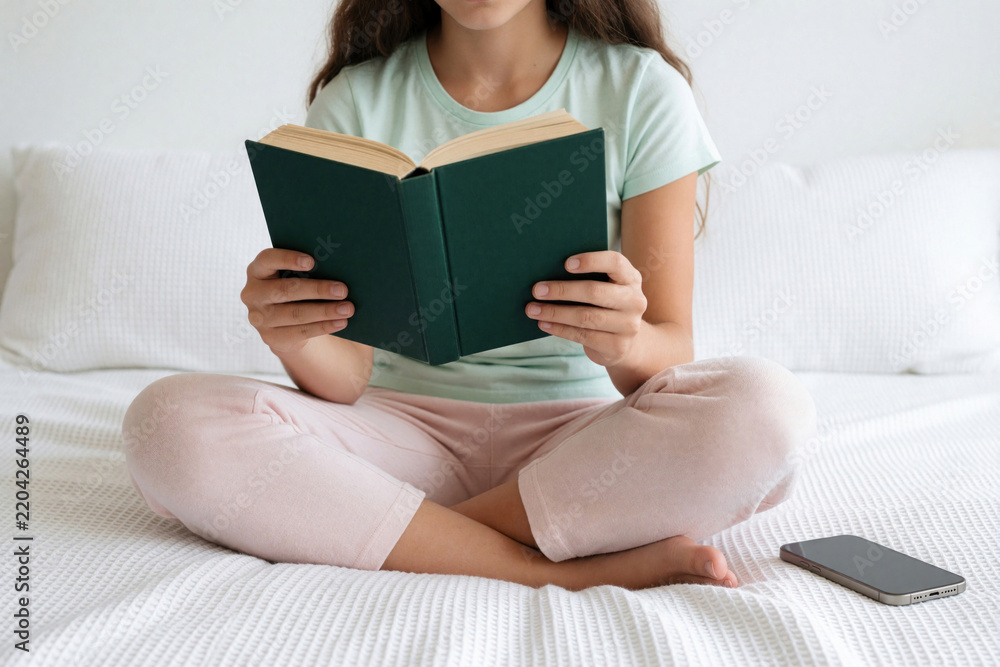 Fototapeta premium Teenage girl sits on white bed reading green book at home. Young female student enjoys literature in cozy room. Smartphone lies nearby on mattress. Concept of digital detox, analog childhood, focus