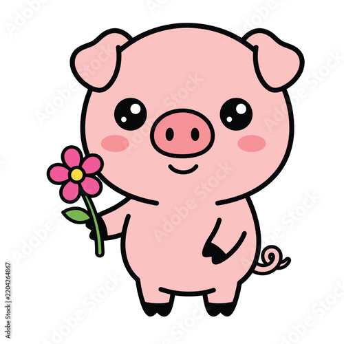 Pink piglet holding a pink flower a cute vector illustration with a white background