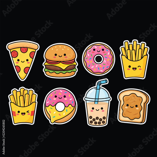 Kawaii fast food items illustration with smiling faces on a black background