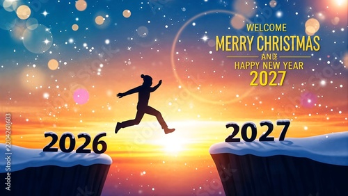 Silhouette leaping from 2026 to 2027 Merry Christmas and Happy New Year transition concept