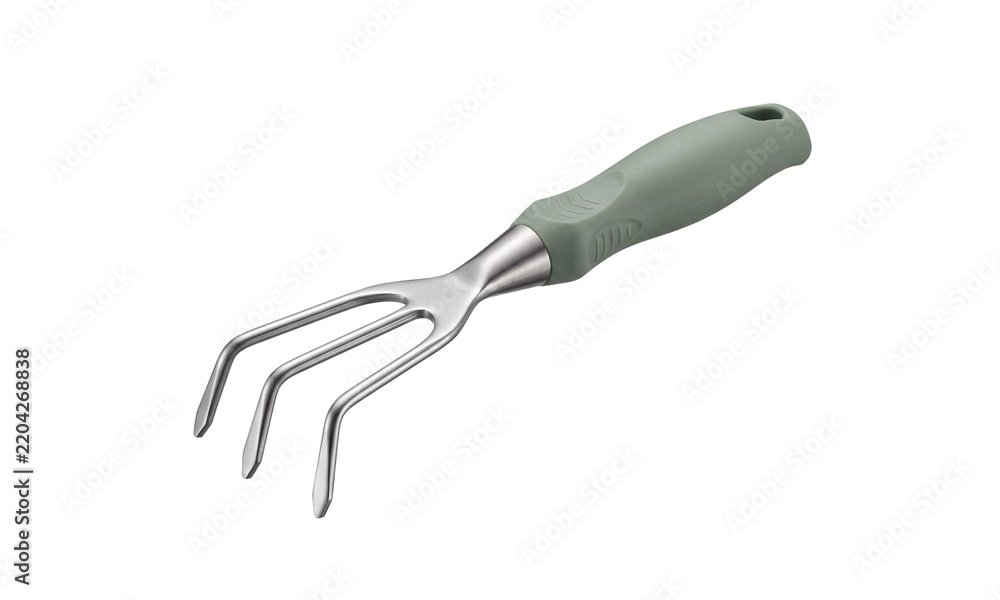 Fototapeta premium Handheld garden cultivator with three metal tines isolated on transparent background