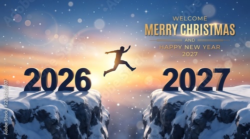 Man Silhouette Jumping Across Cliff Gap from 2026 to 2027 for Merry Christmas and Happy New Year Concept