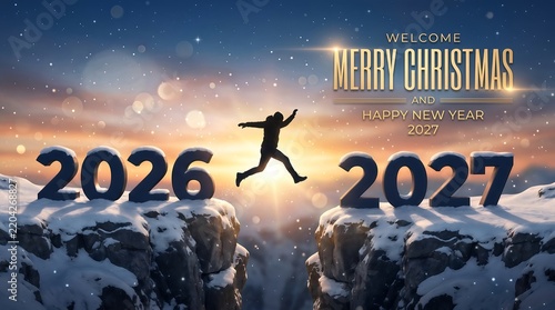 Silhouette jumping across cliff gap from 2026 to 2027 for Merry Christmas and Happy New Year Concept