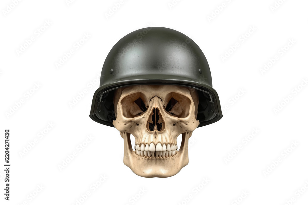 Obraz premium Human skull wearing military helmet isolated on transparent background