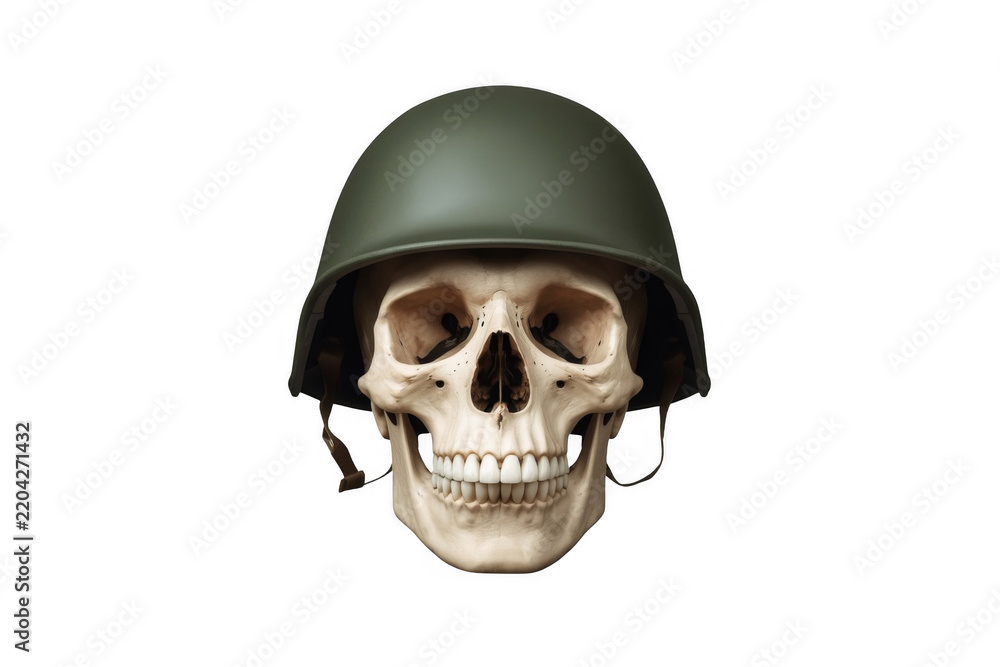Obraz premium Human skull in green combat helmet isolated on transparent background