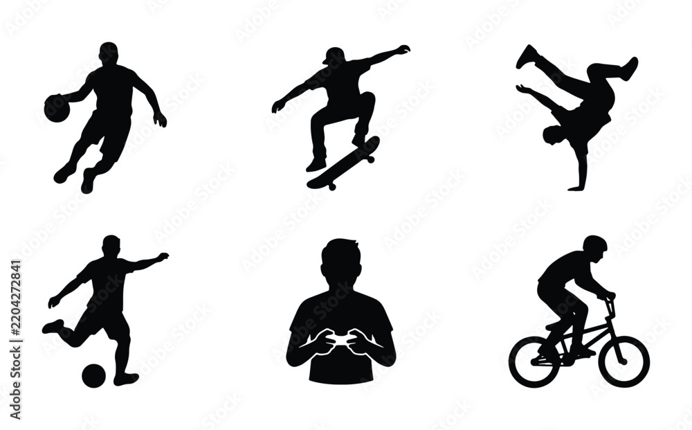 Obraz premium Diverse Sports and Gaming Silhouettes: Basketball, Soccer, Skateboarding, Breakdancing, BMX, Gamer Icons
