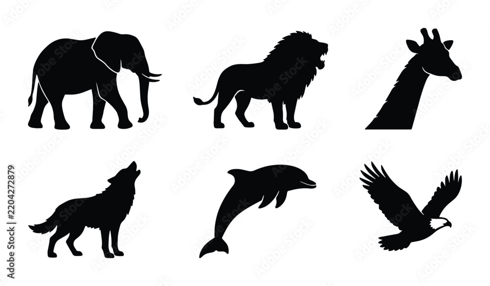 Obraz premium African Wildlife Silhouette Icons: Elephant, Lion, Giraffe, Wolf, Dolphin, Eagle Vector Set