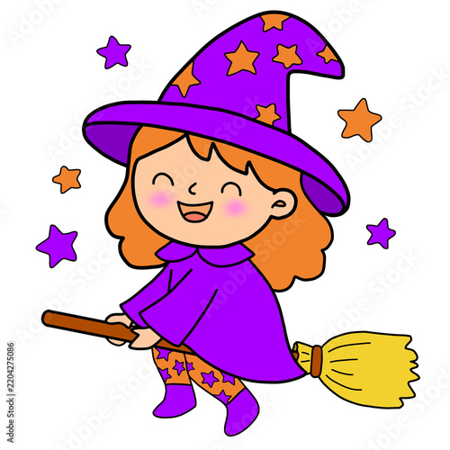 Cuadro en lienzo Cute little witch flying on a broomstick with magic stars