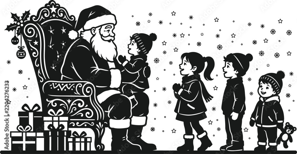 Fototapeta premium Silhouette of Santa Claus sitting on a chair with happy children