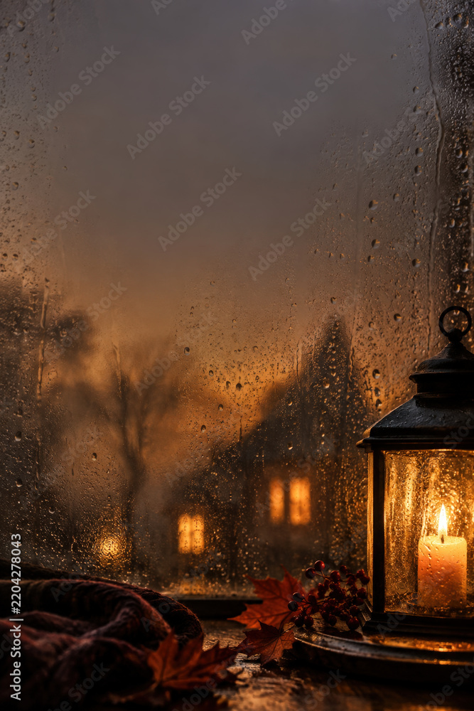 Obraz premium Misty Haunted Window with Lantern and Pumpkin for Halloween Posters, Invitations and Seasonal Design