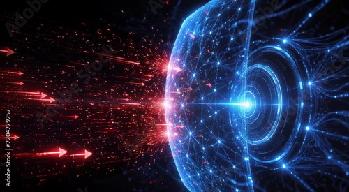 Futuristic digital shield blocking red attack arrows with a blue network mesh, particle streams and glowing rings symbolizing cyber defense and data protection