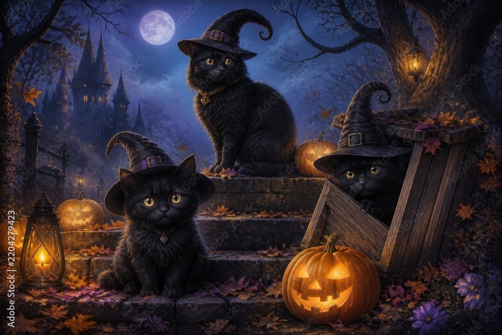 Fototapeta premium Spooky black cats with witch hats in a Halloween moonlit scene
